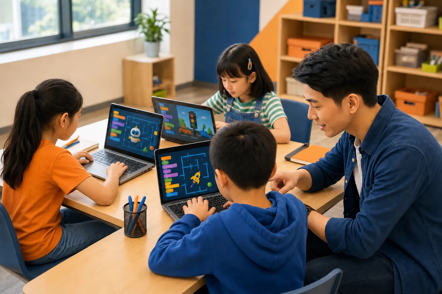 A coding trainer seated beside primary-school students as they work on block-coding projects